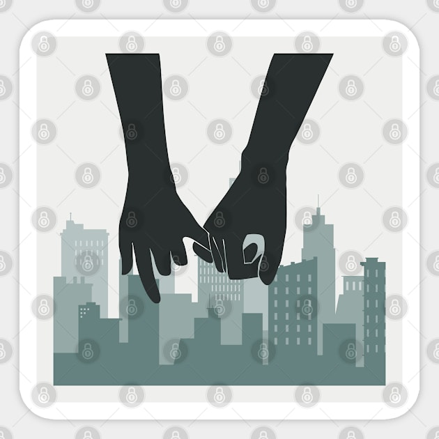 Couple pinky promise cityscape, two lovers hand holding while traveling, gradient green background Sticker by Modern Art